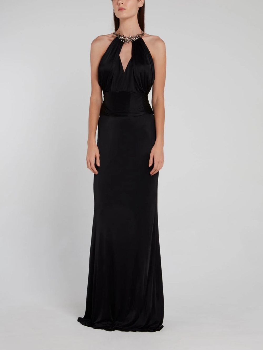 Roberto Cavalli Black Maxi Halter Gown with Embellished Necklace with Rhinestone